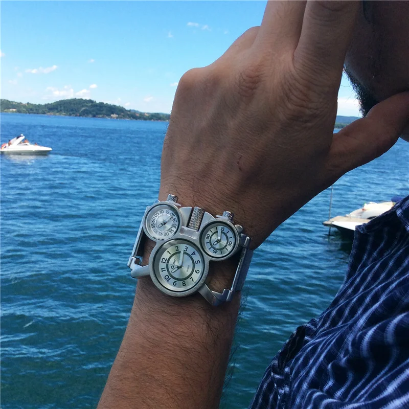 Three Time Zone Quartz Watches Men Mesh Steel Leather Band Sport Wristwatch Man Luxury Brand Male Clock relogio - Image 2