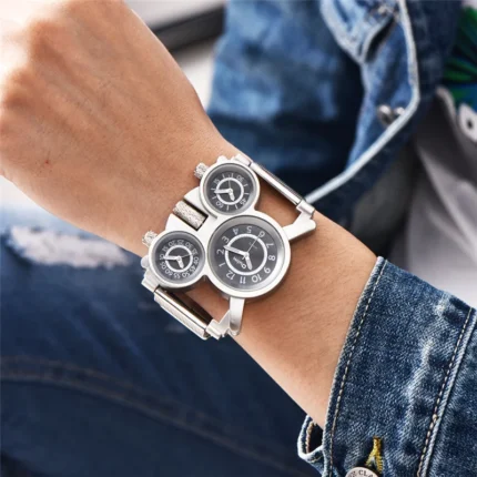 Three Time Zone Quartz Watches Men Mesh Steel Leather Band Sport Wristwatch Man Luxury Brand Male Clock relogio