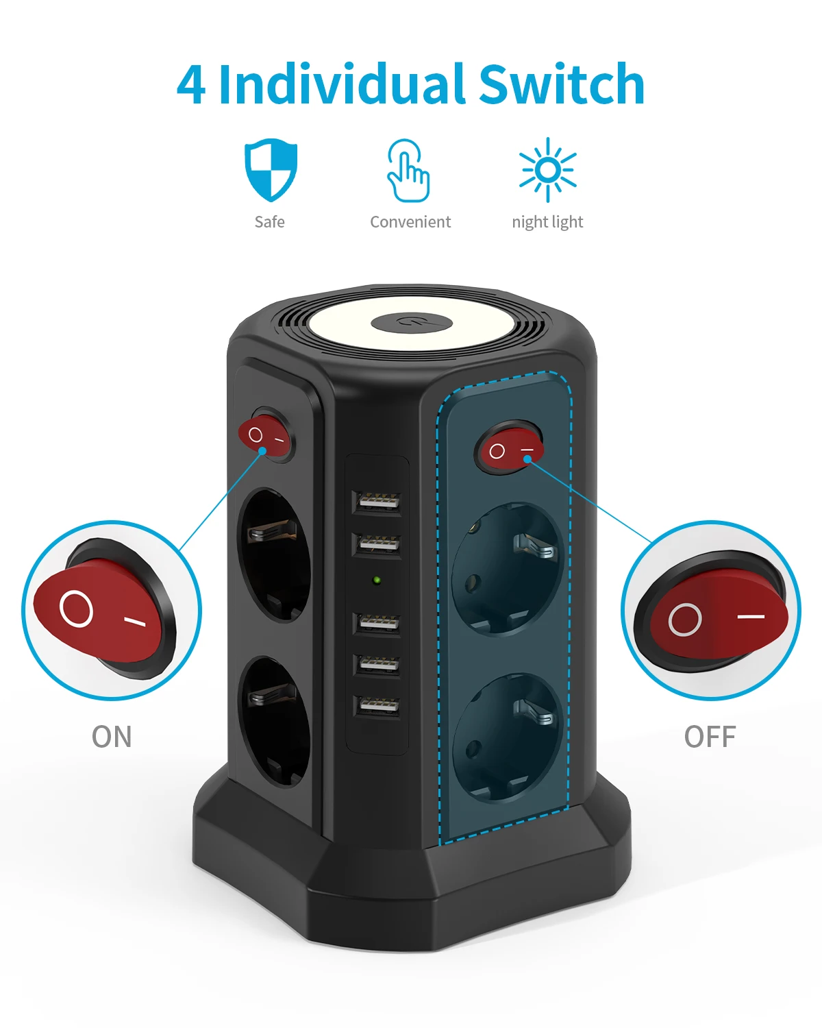 EU 8-Position Multifunctional Socket Tower with 5 USB Ports, Independent Control Switch Design for Home Office Plug-in Boards - Image 6
