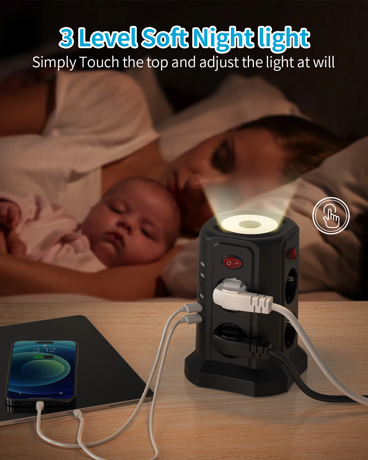 EU 8-Position Multifunctional Socket Tower with 5 USB Ports, Independent Control Switch Design for Home Office Plug-in Boards - Image 4