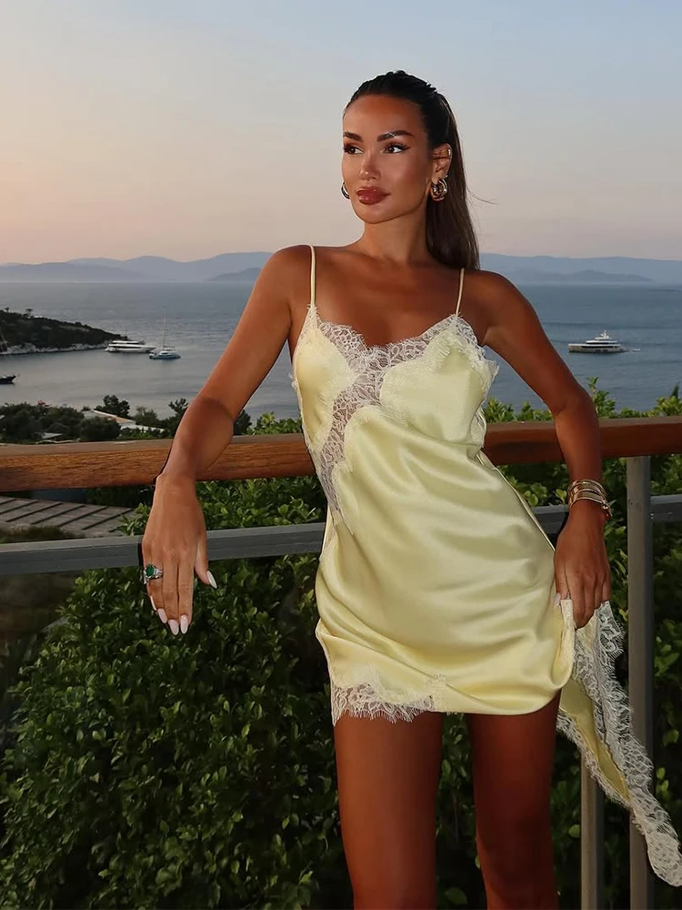 Yellow Satin Lace Splicing Sling Dress Women Elegant Irregular Hem V Neck Backless Sleeveless Gown Chic Women Party Club Vestido - Image 2