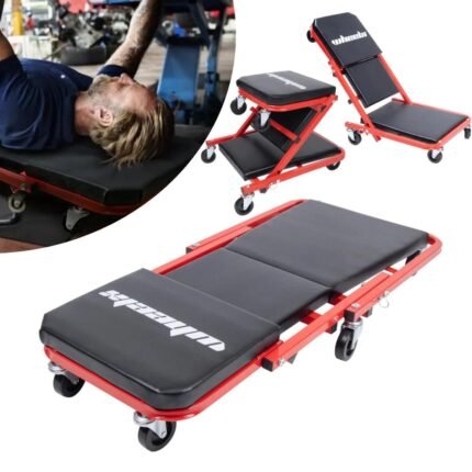 3-in-1 Rolling Mechanic Creeper Z Seat, Foldable Garage Chair Lay Down Sit Lean Back, Under Car Shop Auto Repair, Red Black