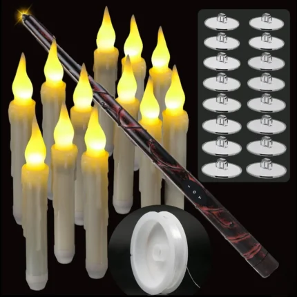 Set of 12/24/36/48 Hanging Floating Candles with Magic Wand LED Flickering Candles Flameless Battery Operated for Halloween Xmas Party