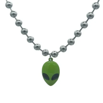 Cyber Chunky Bead Chain Green Alien Face Charm Choker Necklace 90’s Punk Gothic UFO Choker Necklace for Women Men