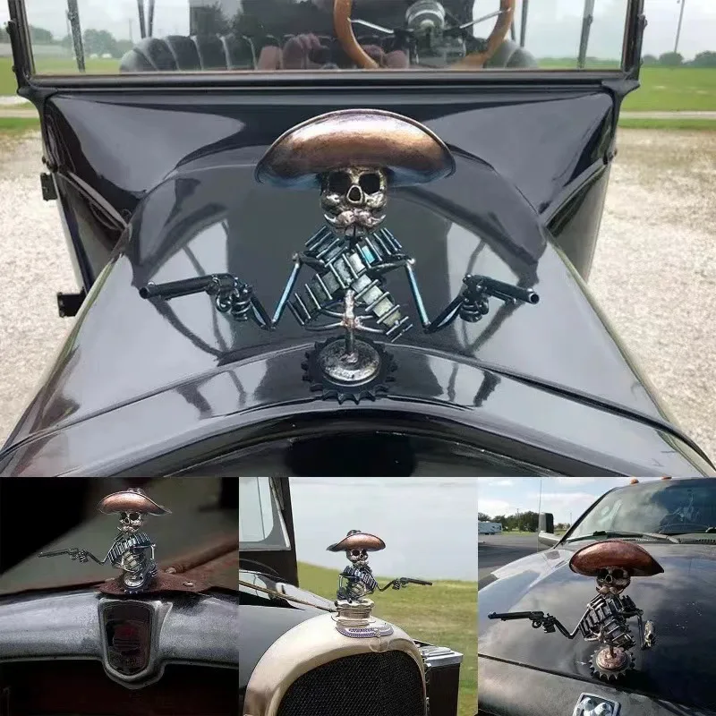 Skeleton Automotive Emblems Cowboy Skull Gunslinger Hood Ornament Resin Sculpture Vintage Vehicle Exterior Accessories Prop - Image 2