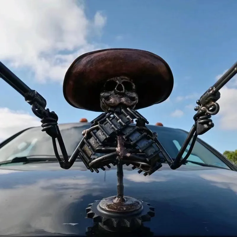 Skeleton Automotive Emblems Cowboy Skull Gunslinger Hood Ornament Resin Sculpture Vintage Vehicle Exterior Accessories Prop - Image 3