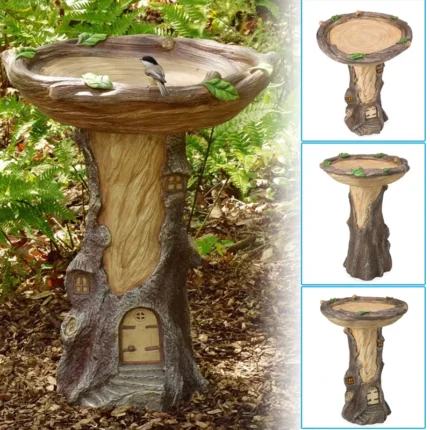Full-Size Fairy Garden Birdbath Wood-Look Resin Landscape Accent For Home And Garden