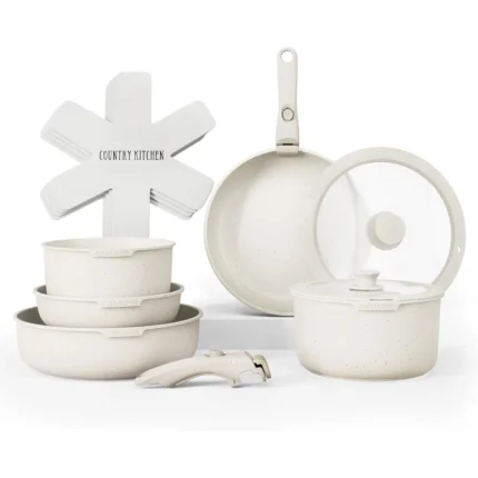 Creamcolored Cookware Set with Removable Handles for Oven and RV Use Durable NonStick Pots and Pans Ideal for Home Kitchen Camp