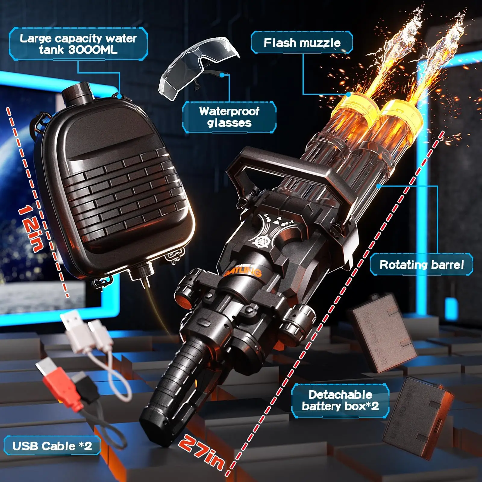 Strongest Electric Gatling Water Gun Toy Rotating Double Barrel With Big Capacity Backpack Outdoor Pool Toy for Kids Adult Gifts - Image 6