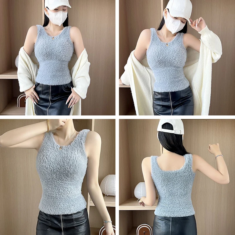 Autumn Winter Plush Warm Wool Tank Tops Bottom Imitation Cashmere Girls Thermal Underwear Thicken Fleece Camisole Bra Pads - Image 3