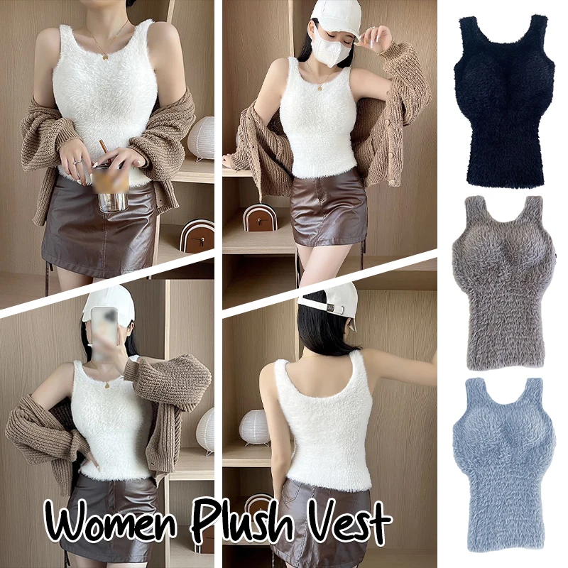 Autumn Winter Plush Warm Wool Tank Tops Bottom Imitation Cashmere Girls Thermal Underwear Thicken Fleece Camisole Bra Pads - Image 4