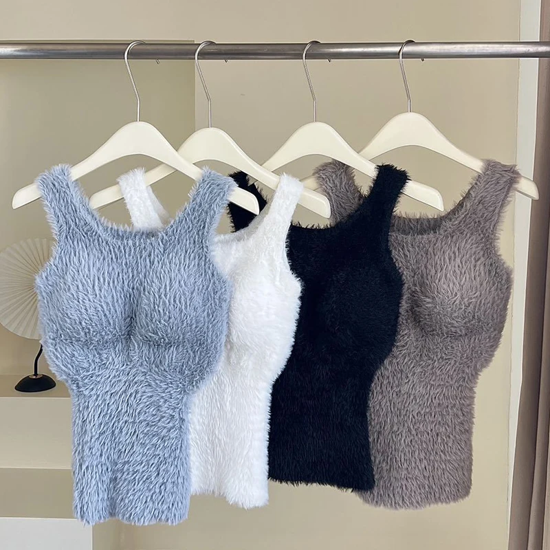 Autumn Winter Plush Warm Wool Tank Tops Bottom Imitation Cashmere Girls Thermal Underwear Thicken Fleece Camisole Bra Pads - Image 2