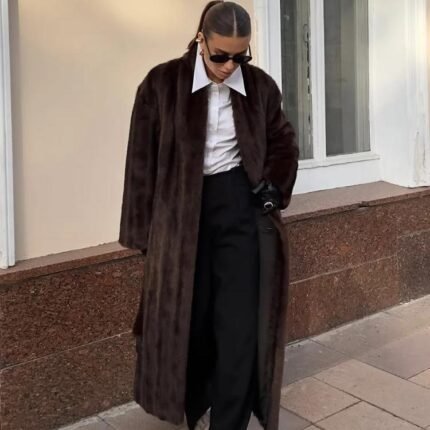 Brown Lace Up Faux Fur Coat Women Fashion Casual Full Sleeve Fluffy Loose Striped Long Coats Lady Winter Daily Street Jacket