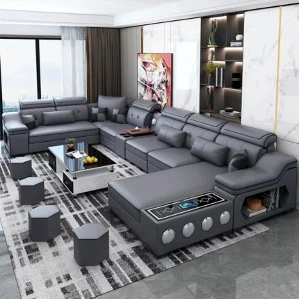 Modern Scientific Cloth Sectional Sofa Set with Chaise Lounge, Bluetooth Speakers, and USB Charging Ports for Living Room