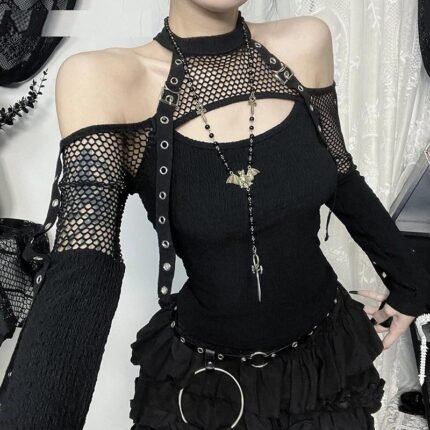 Goth Dark Punk Grunge Fishnet Patchwork Off Shoulder T-shirts Trim Corn Strap Halter Tops Autumn Mall Gothic Streetwear T-shirt