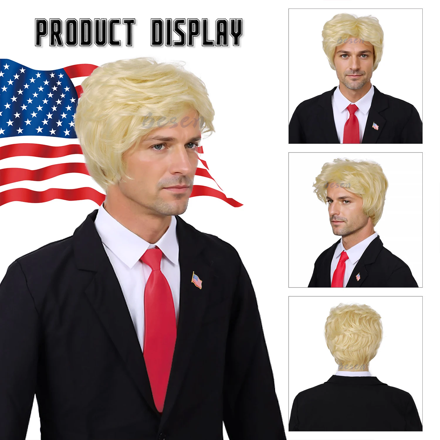 Donald Trump Costume for Adults – Blonde Wig, Red Tie and USA Flag Pin Included - Image 4