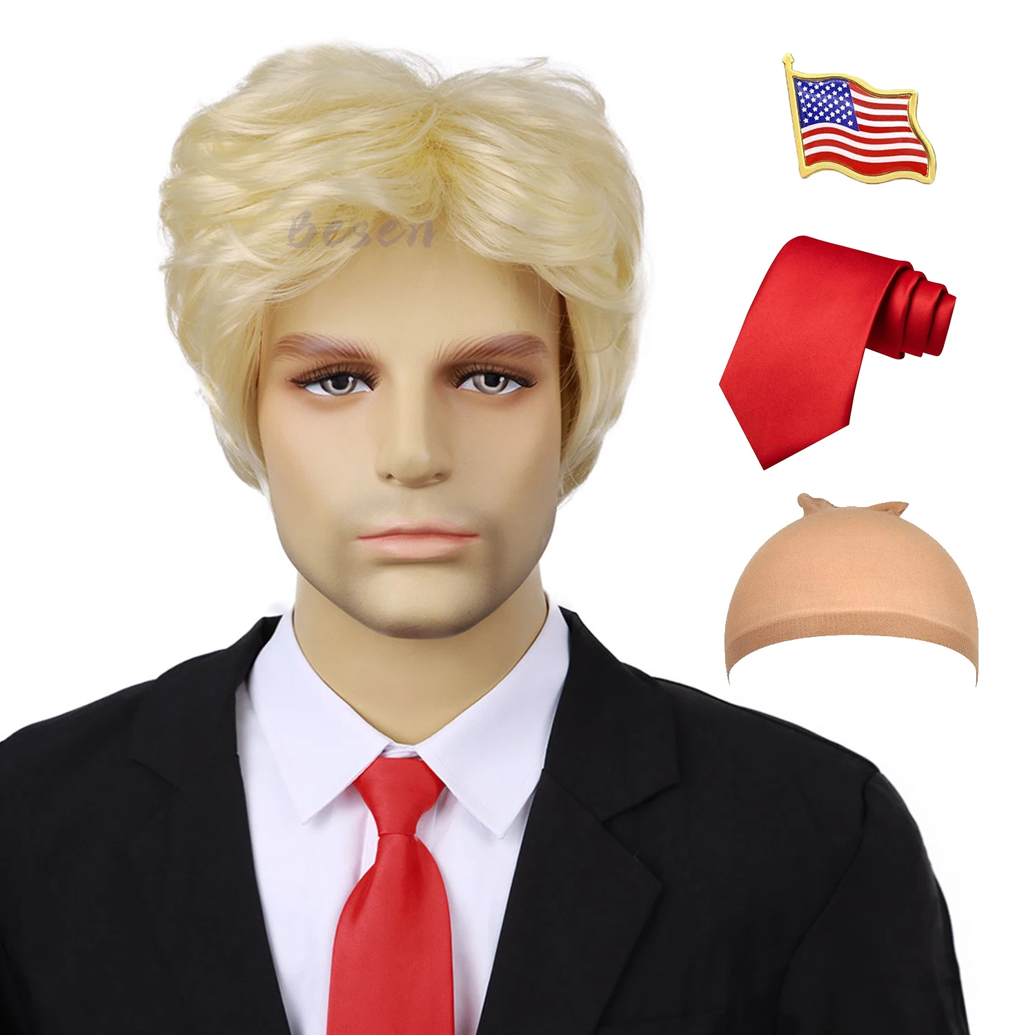 Donald Trump Costume for Adults – Blonde Wig, Red Tie and USA Flag Pin Included - Image 3