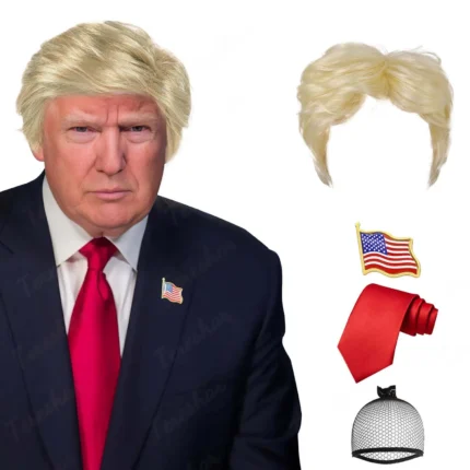 Donald Trump Costume for Adults – Blonde Wig, Red Tie and USA Flag Pin Included
