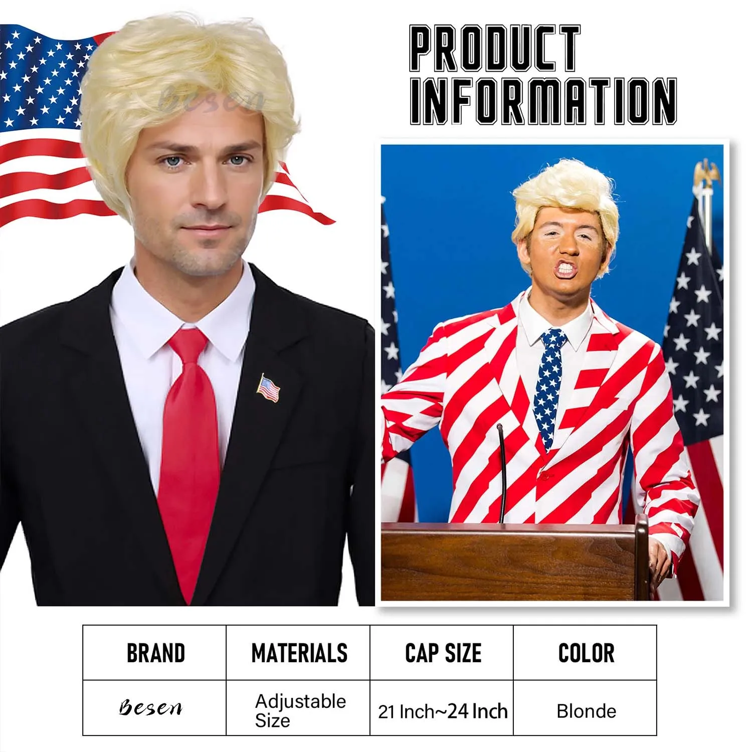 Donald Trump Costume for Adults – Blonde Wig, Red Tie and USA Flag Pin Included - Image 5