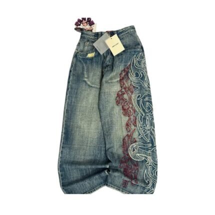 American New Pattern Embroidery Baggy Jeans Men High Street Vintage Hip Hop Fashion Casual Joker Couple Wide-leg Pants
