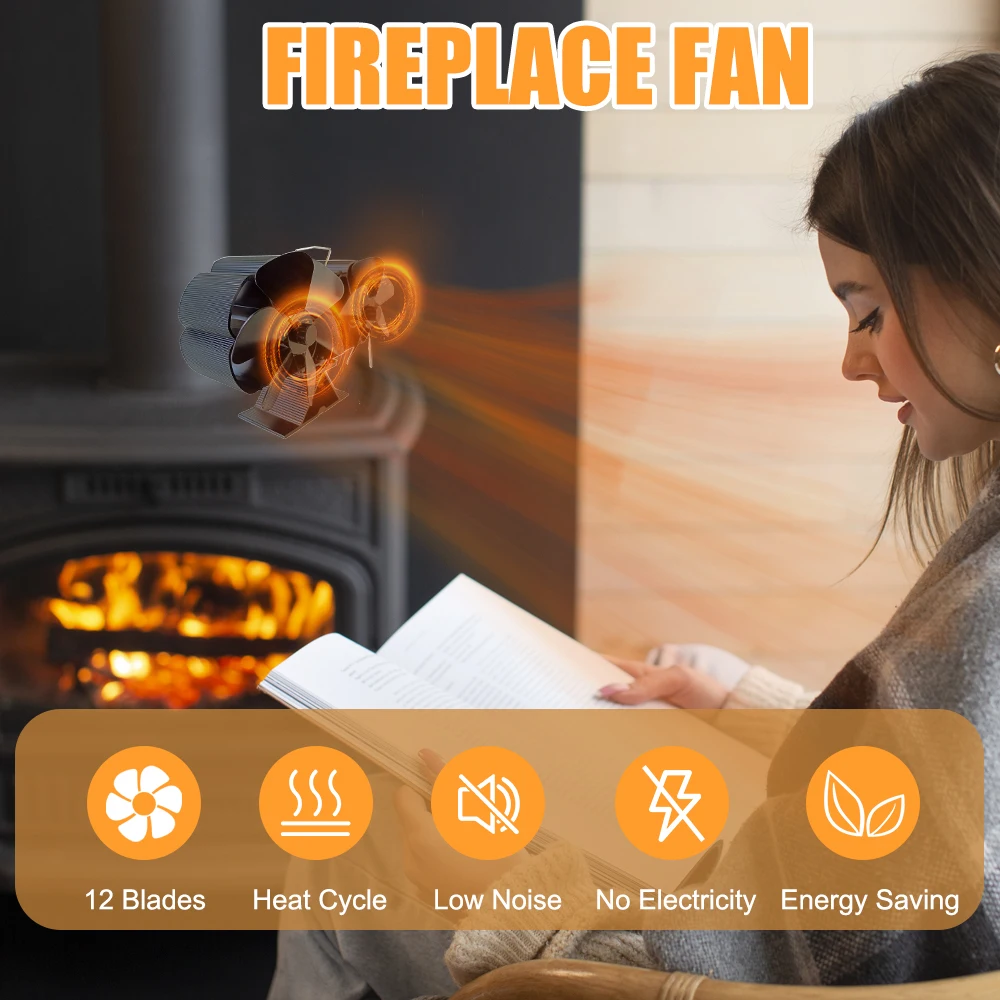Wood Stove Fan Heat Powered Dual Silent Motors 6 Blades Non-Electric Heat Activated Fireplace Fan with Bracket and Magnetic Ther - Image 6