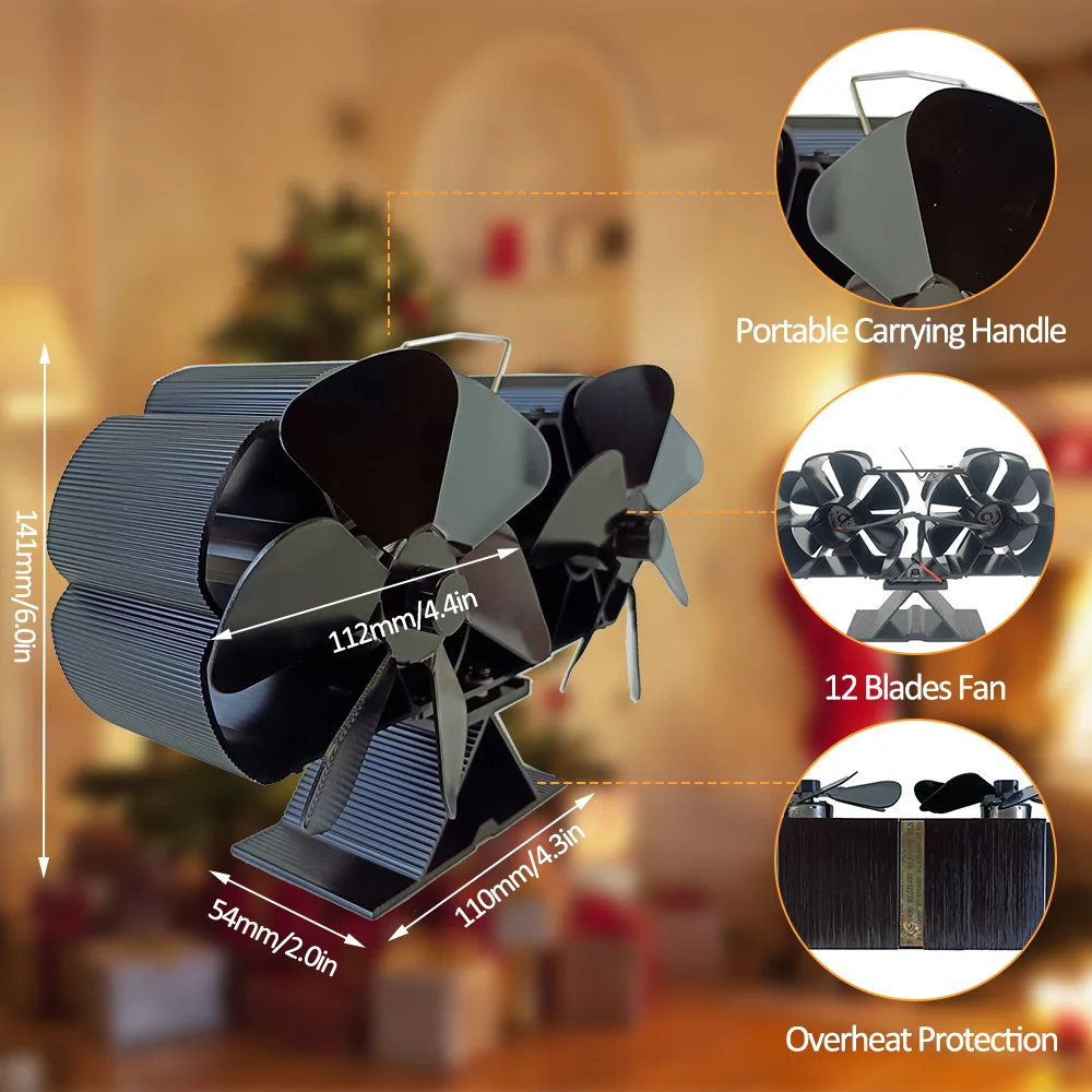 Wood Stove Fan Heat Powered Dual Silent Motors 6 Blades Non-Electric Heat Activated Fireplace Fan with Bracket and Magnetic Ther - Image 2