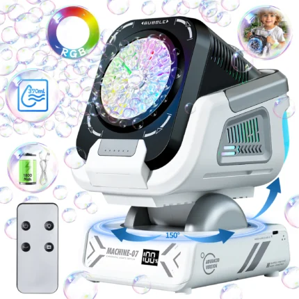 Bubble Machine with Remote Control, Automatic Rotation, and Rgb Lights, 1800Mah Rechargeable Battery, Type-C Charging, Suitable for Children, Weddings, Birthday Parties, Outdoor Activities