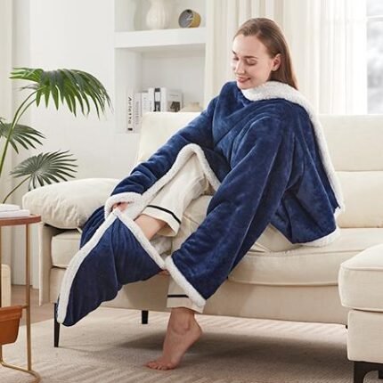 Navy Electric Throw Blanket with Foot Pocket, 6 Heat Settings, 2-10 Hours Timer, 50×70+18, Wearable with Sleeves